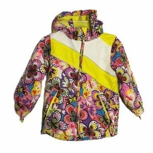 The Childrens Place Girls Butterfly Print Puffer Jacket Yellow Pink XS 4